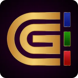 โลโก้ CG โลโก้ตัวอักษรสีทองทรงเหลี่ยมมีแถบสีแดงเขียวน้ำเงินข้างขวา