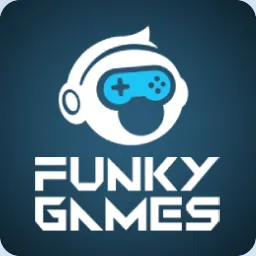 โลโก้ Funky Games โลโก้ตัวอักษร FUNKY GAMES พร้อมไอคอนจอยเกม
